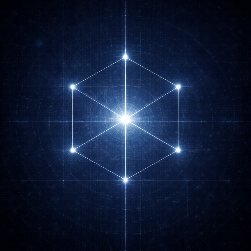 Diagram of the primordial cell in the Merkaba Codex LUX showing six directional relations around a central point forming the basic structural unit