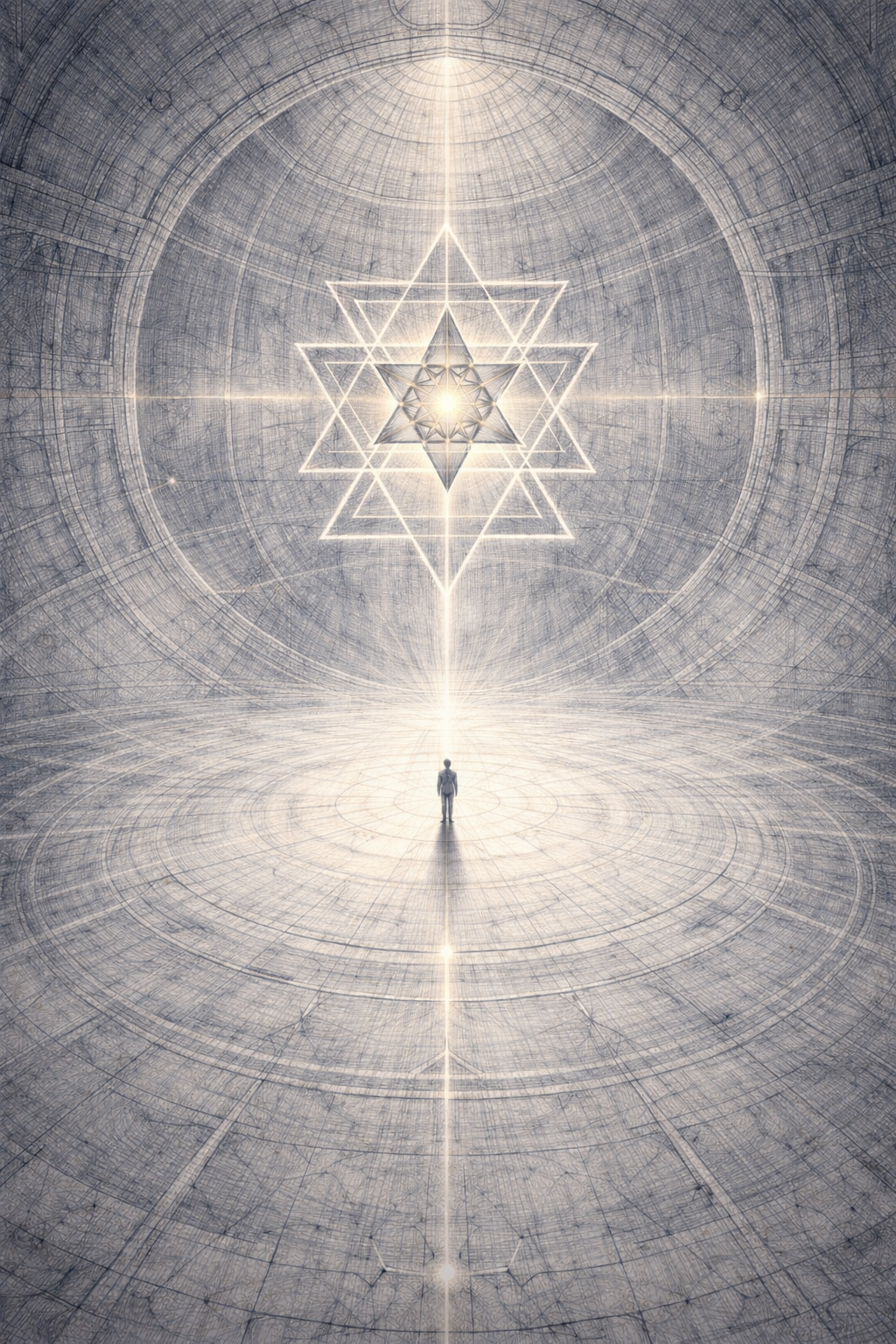 Merkaba Codex LUX – Darstellung eines Menschen im geometrischen Lichtfeld der Merkaba als Symbol für Erkenntnis durch Struktur und Bewusstsein